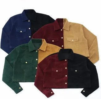 CR1154 - Upcycled Corduroy Two-Tone Button-Up Cropped Jacket