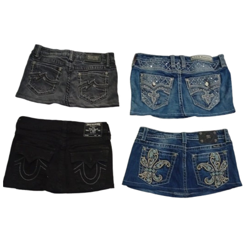 CR8767 UPCYCLED MIX BRANDED MINI DENIM SKIRTS
