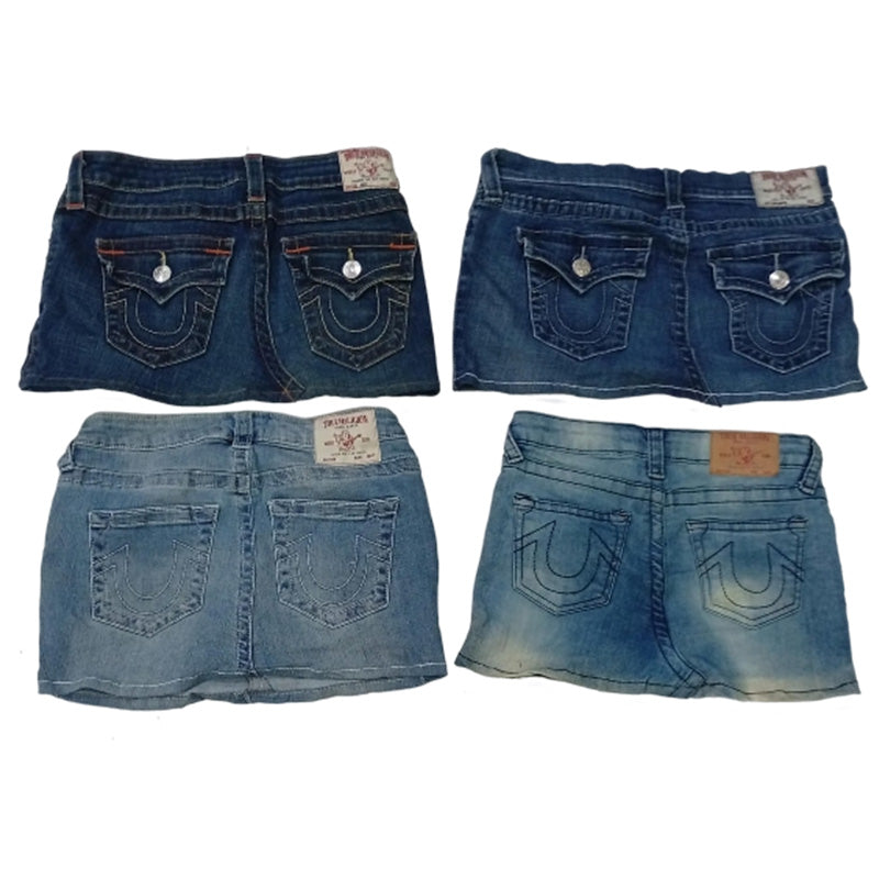 CR8729 UPCYCLED TRUE RELIGION MINI DENIM SKIRTS