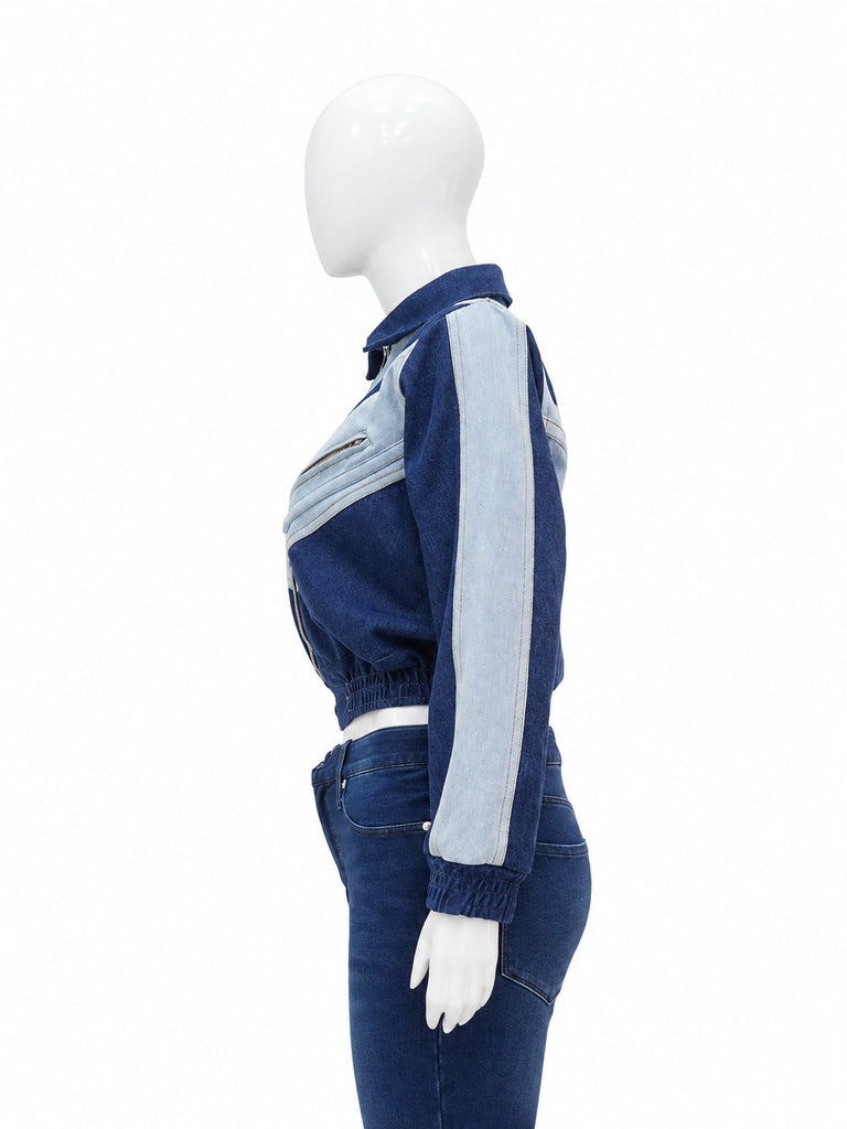 CR2301 UPCYCLED TWO-TONE CHEVRON DENIM ZIP JACKET