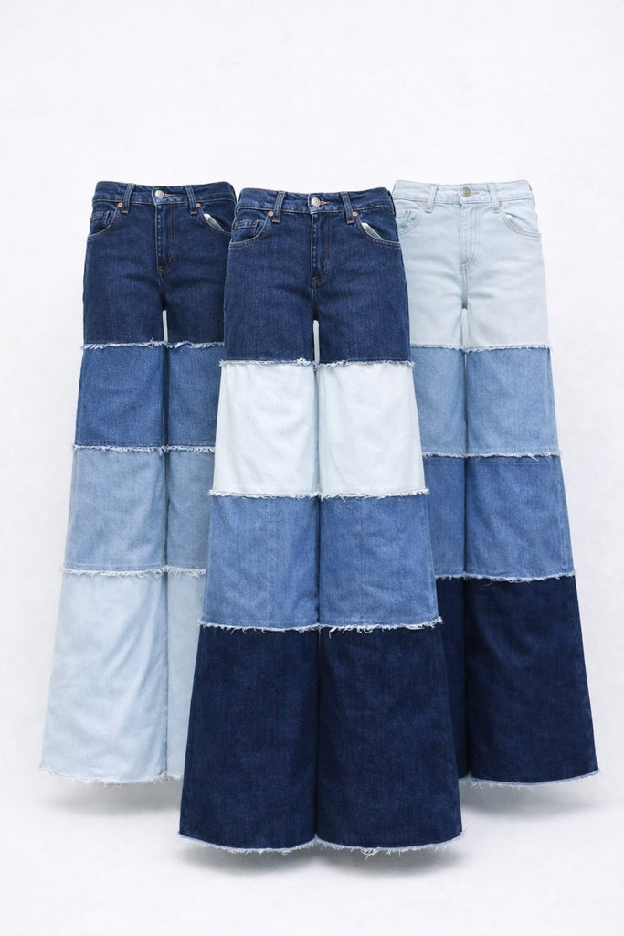 CR1211 Rework Panel Wide Leg Denim Jeans – Multi Tone Patchwork Flare