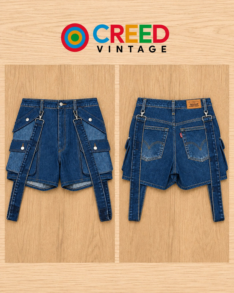 CR2285 UPCYCLED DENIM SUSPENDER CARGO SHORTS