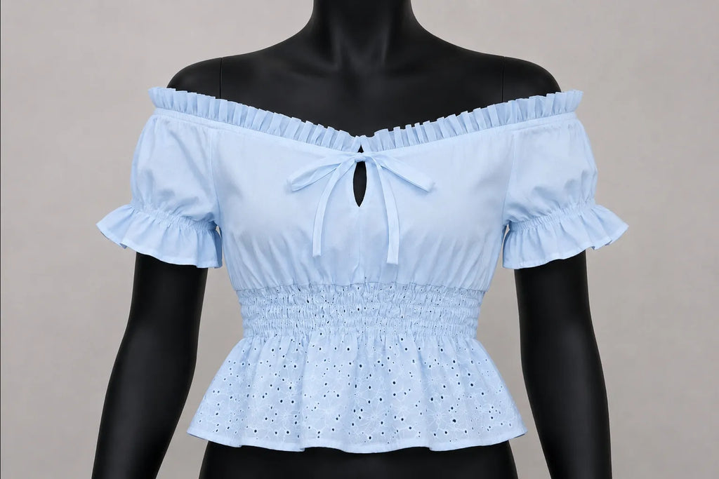 CR1666 UPCYCLED OFF SHOULDER PEPLUM TOP