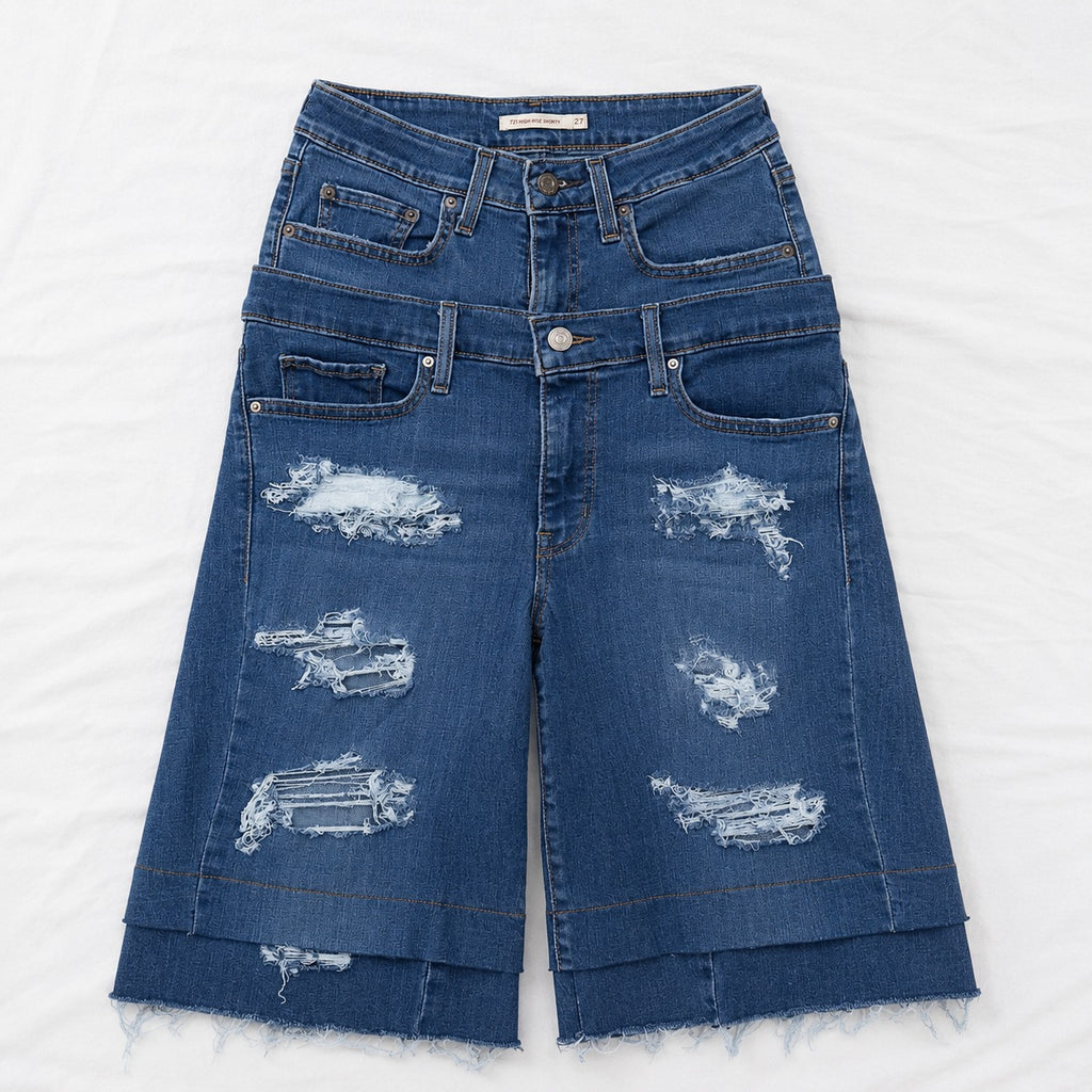 CR2211 UPCYCLED DOUBLE-WAIST DISTRESSED DENIM JORTS
