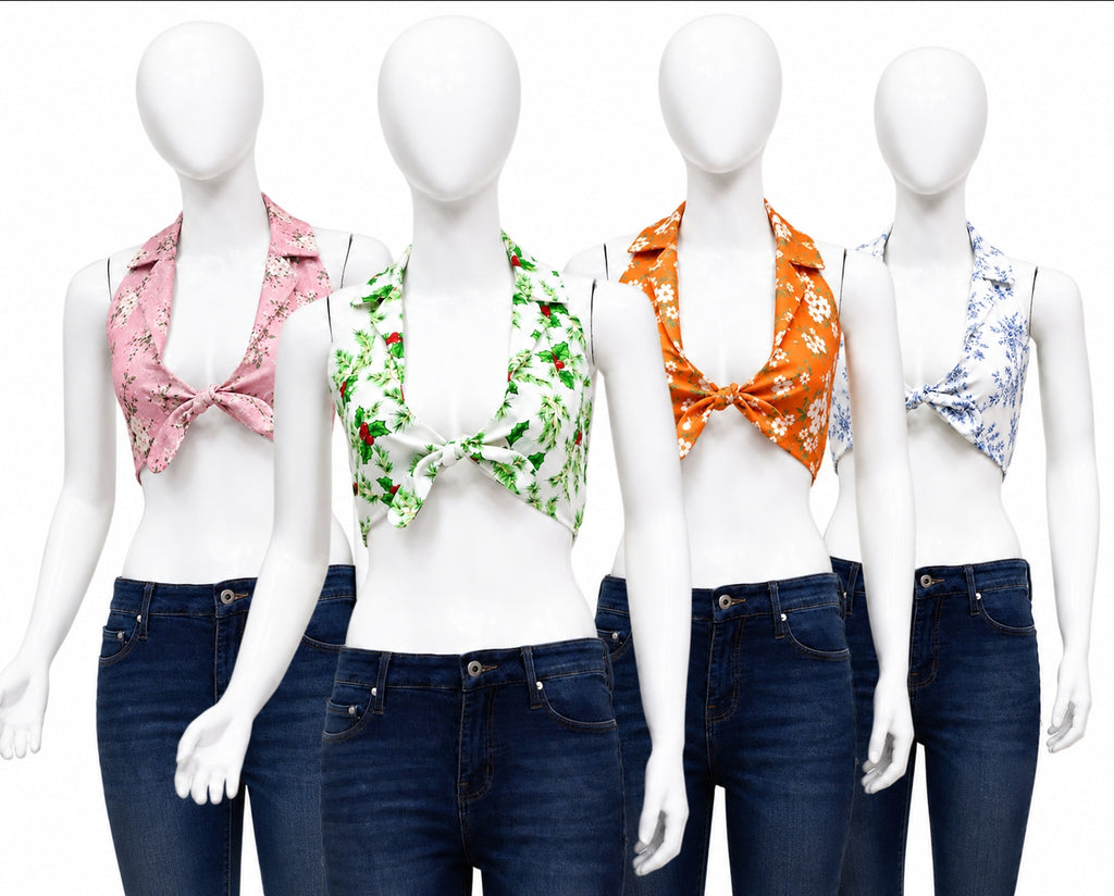 CR1595 Upcycled Tie Front Halter Top