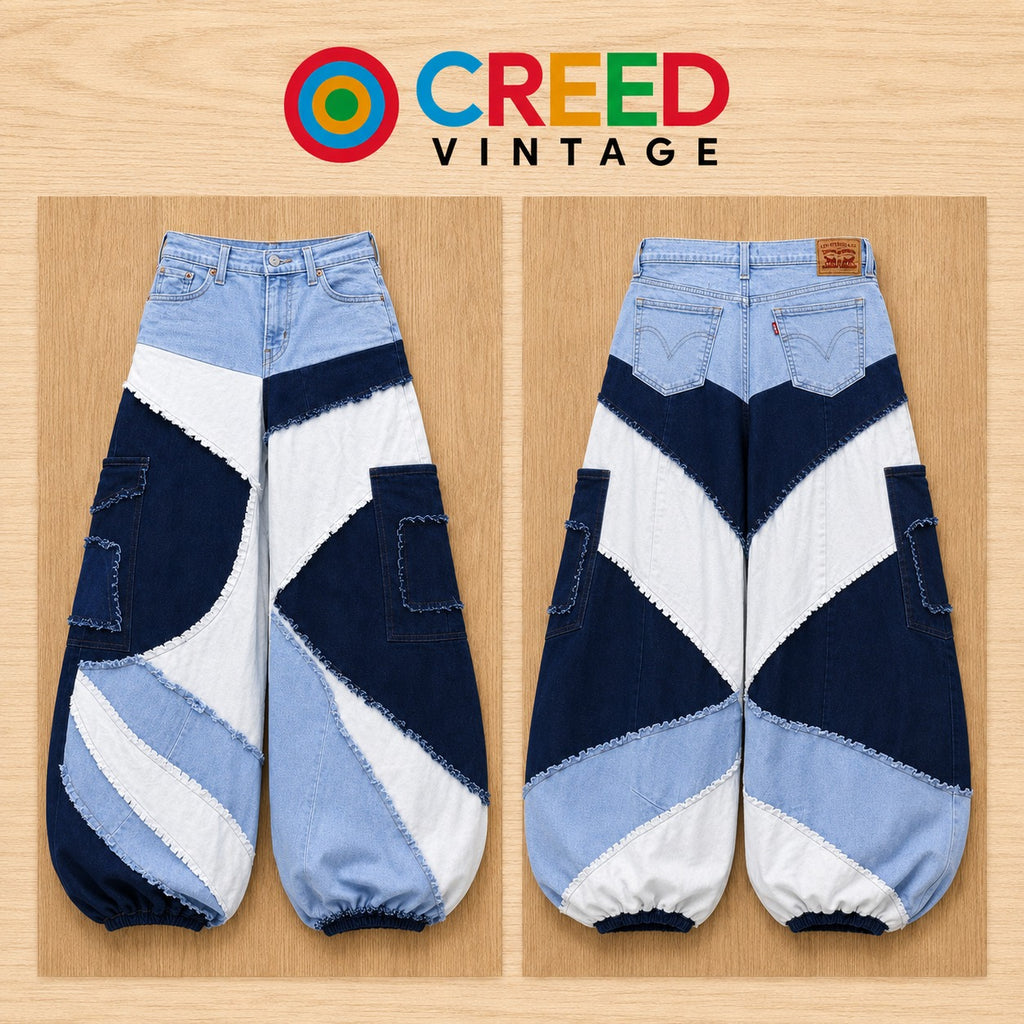 CR2205 UPCYCLED ABSTRACT PATCHWORK BAGGY DENIM JEANS