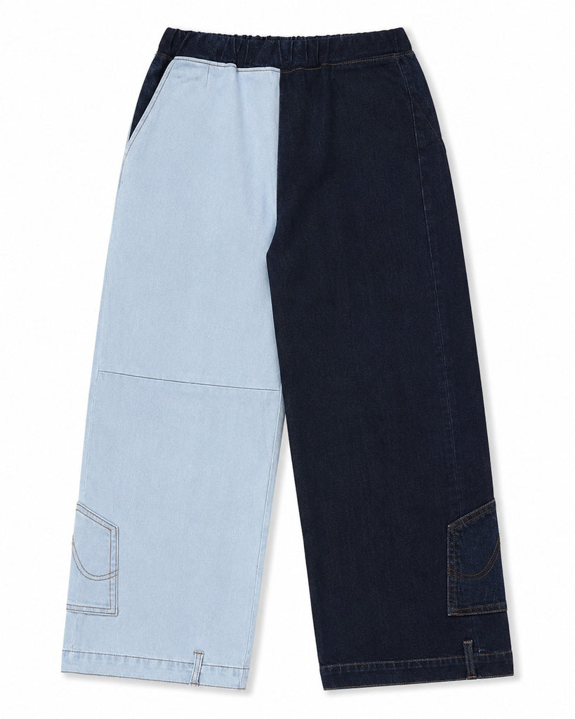 CR2223 UPCYCLED TWO-TONE DENIM WIDE-LEG PANTS