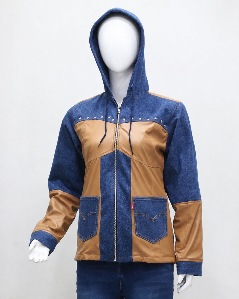 CR2199 UPCYCLED LEVI’S DENIM & FAUX LEATHER HOODED JACKET