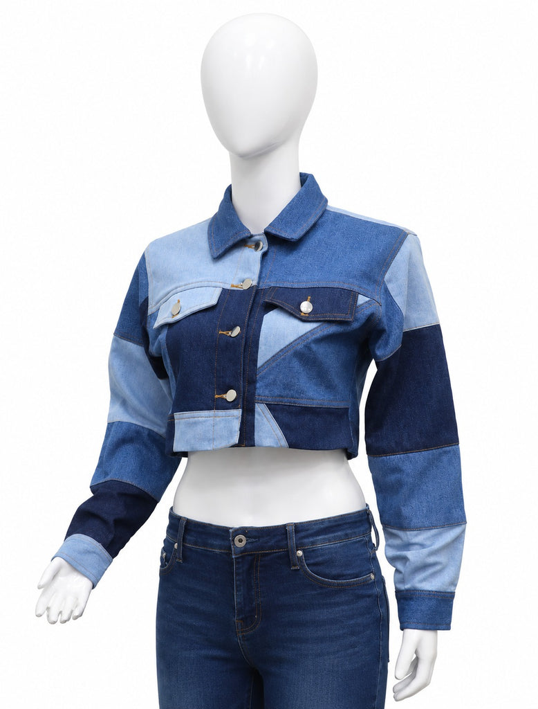 CR2308 UPCYCLED PATCHWORK CROPPED DENIM JACKET
