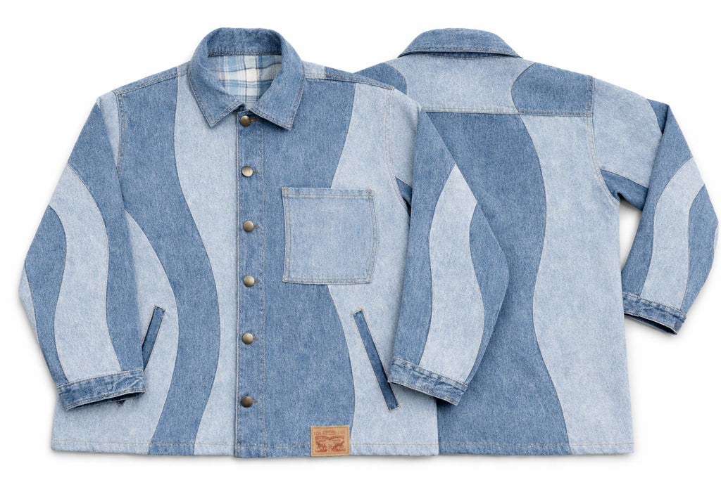 CR1392 Patchwork Denim Chore Jacket Patchwork Denim Jacket – Two-Tone Wave Panel Workwear (Unisex)