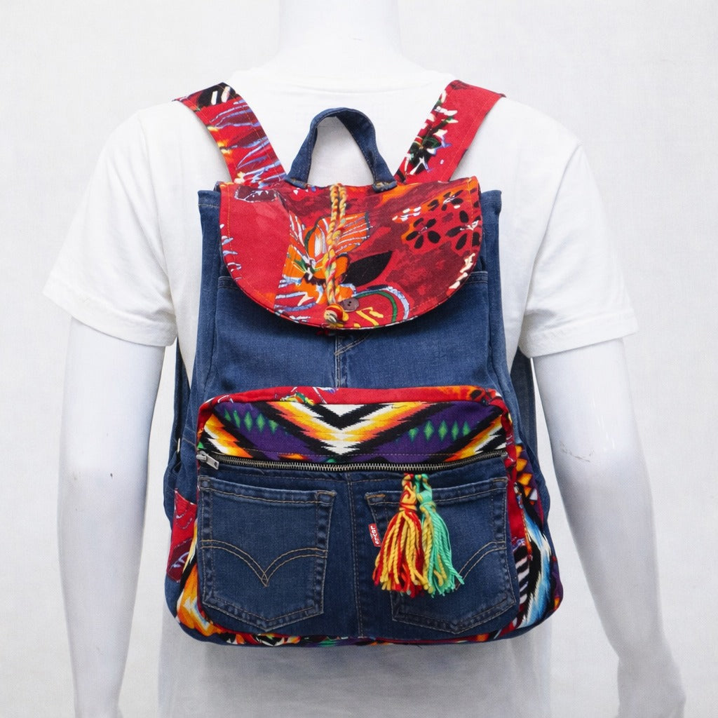 CR1395 Upcycled Denim & Printed Patchwork Backpack