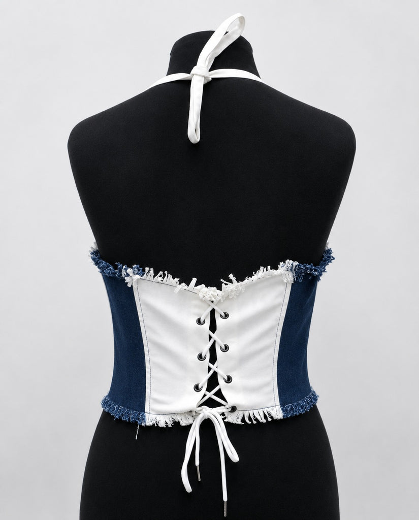 CR1822 UPCYCLED PATCHWORK HALTER CORSET TOP