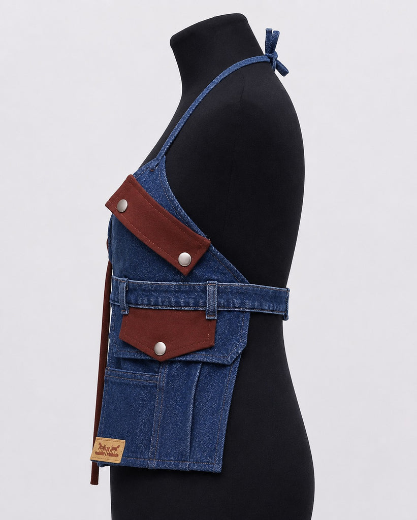 CR1821 UPCYCLED UTILITY HALTER DENIM TOP