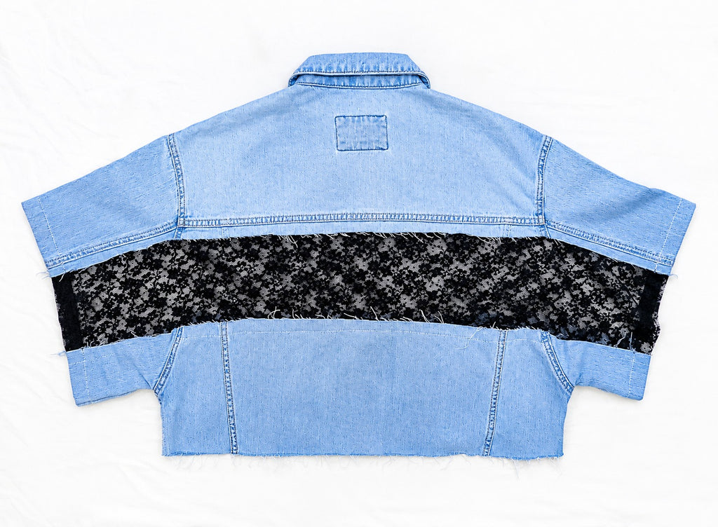 CR2215 UPCYCLED DENIM & LACE DECONSTRUCTED CROP TOP