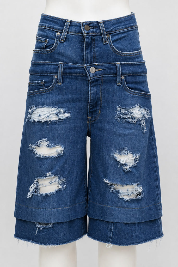 CR2211 UPCYCLED DOUBLE-WAIST DISTRESSED DENIM JORTS