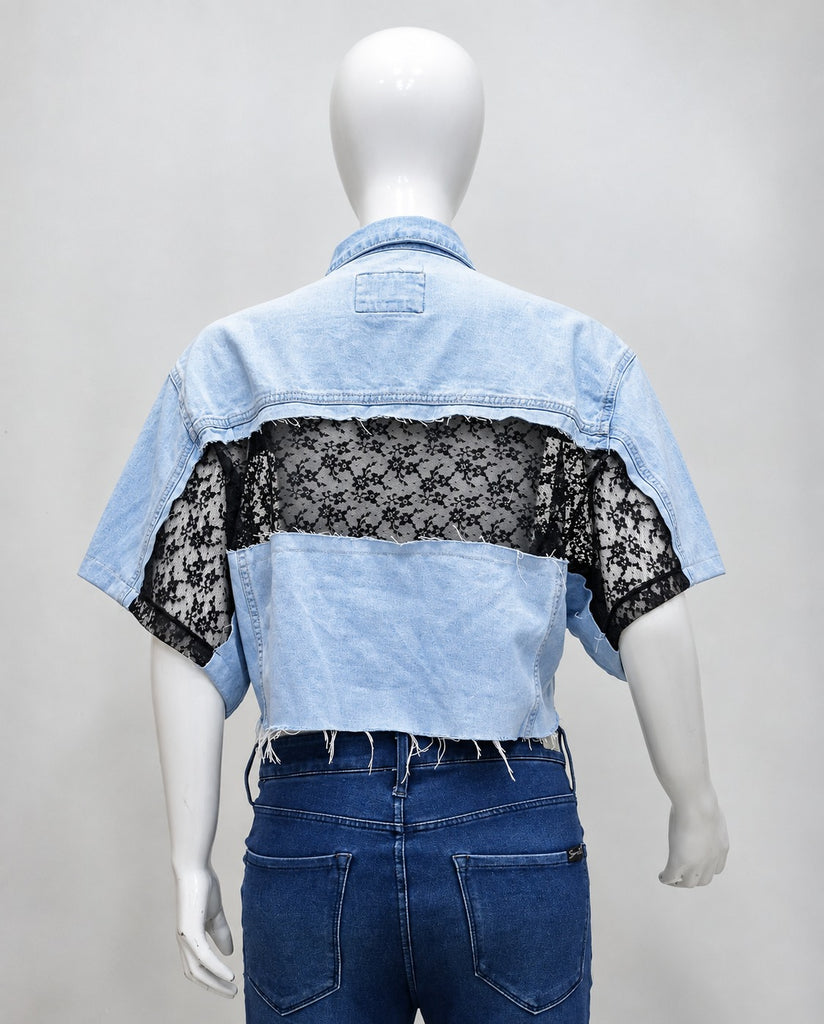 CR2215 UPCYCLED DENIM & LACE DECONSTRUCTED CROP TOP