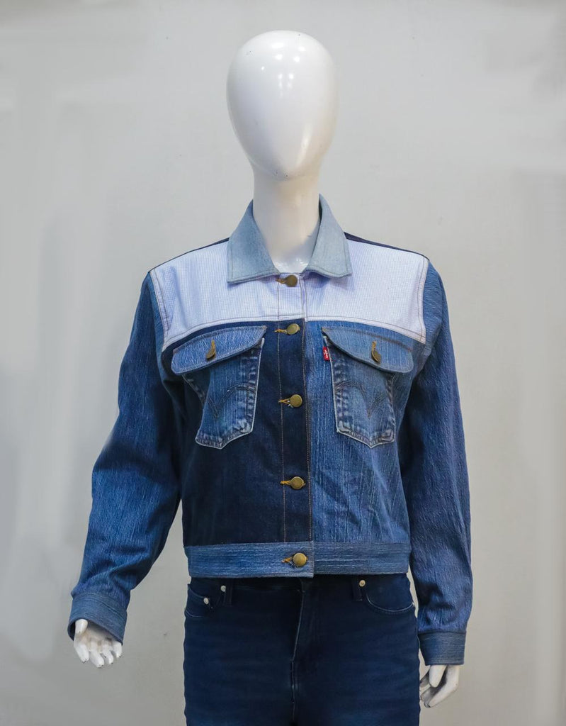 CR2264 UPCYCLED MIXED-FABRIC DENIM TRUCKER JACKET
