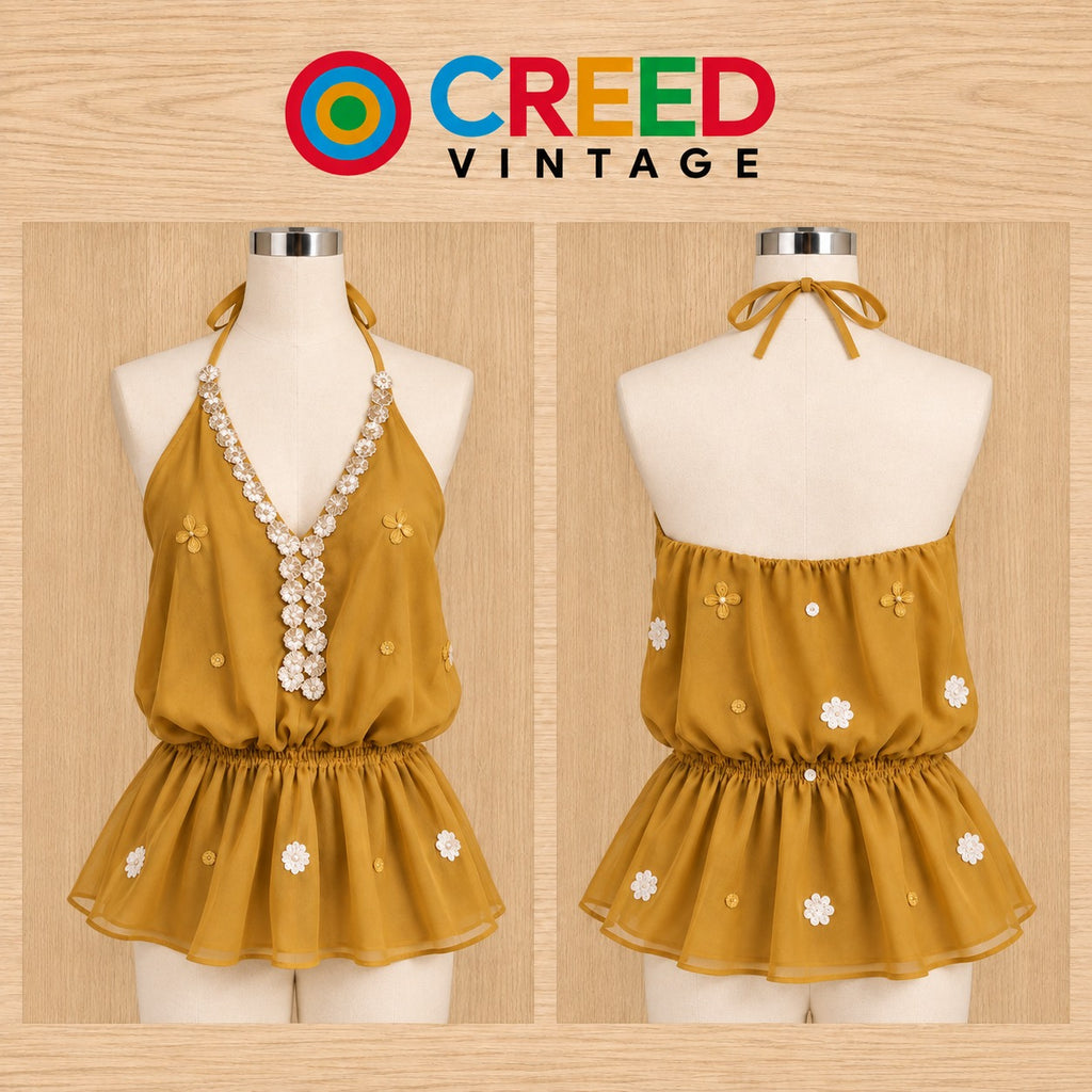 CR2306 UPCYCLED EMBELLISHED HALTER PEPLUM TOP