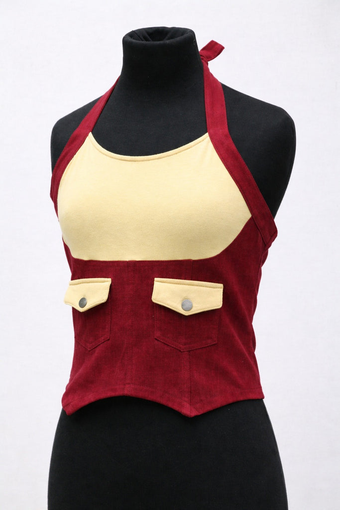 CR1354 Rework Halter Denim Corset Top – Two Tone Utility Crop