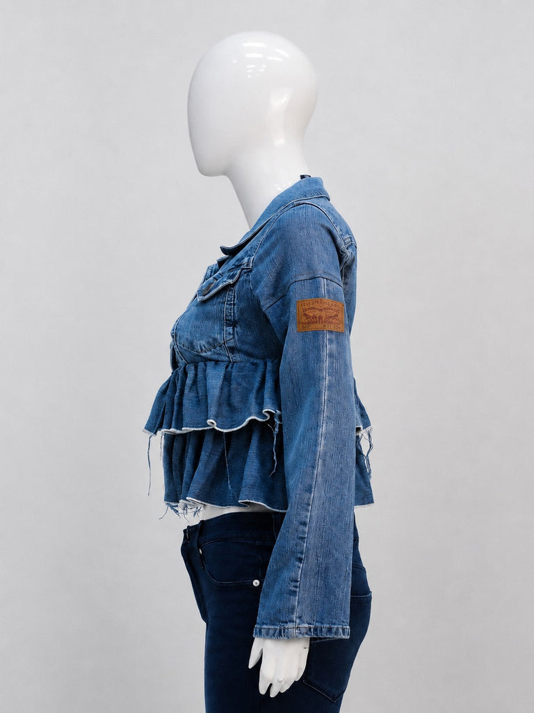 CR2226 UPCYCLED LEVI’S DOUBLE-RUFFLE PEPLUM DENIM JACKET