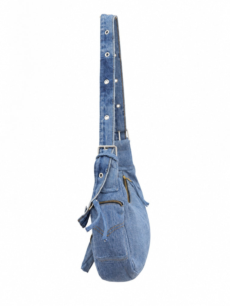 CR2305 UPCYCLED DENIM ZIP & BUCKLE SHOULDER BAG