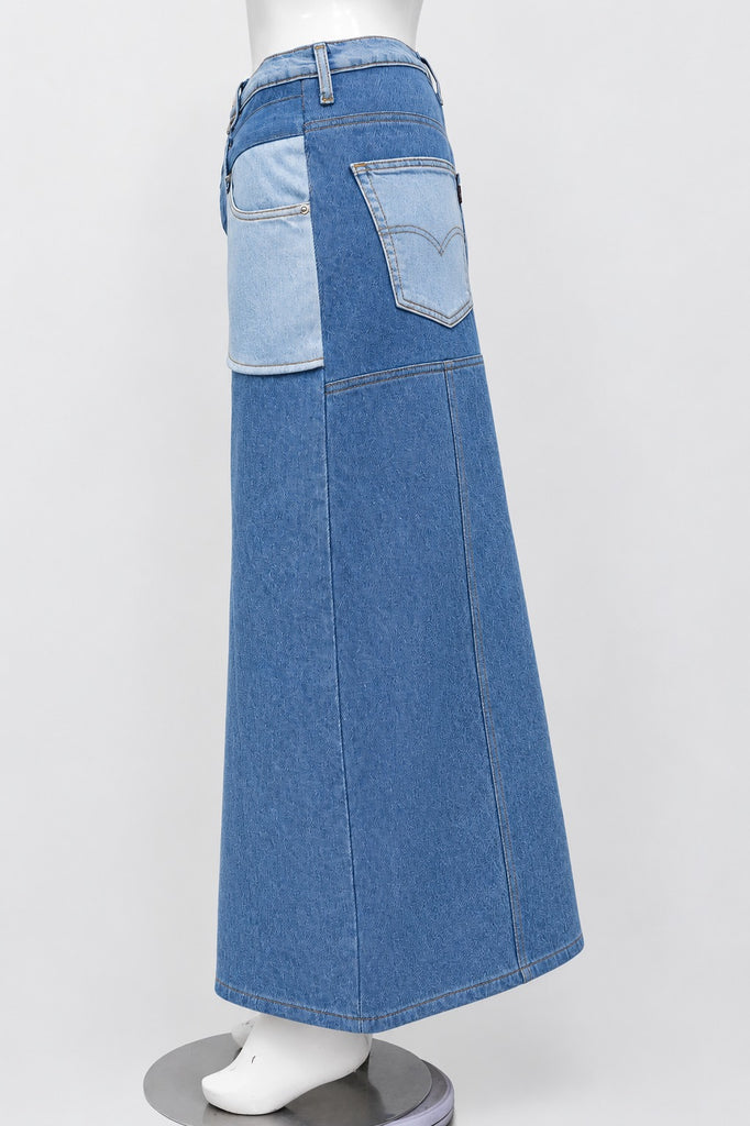 CR2293 UPCYCLED TWO-TONE ASYMMETRIC DENIM MAXI SKIRT