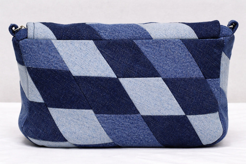 CR1431 Rework Denim Patchwork Shoulder Bag – Geometric Blue Chain Bag