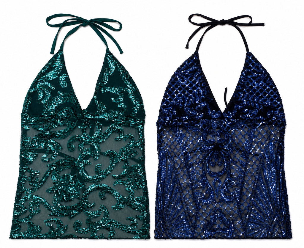 CR1904 UPCYCLED EMBELLISHED HALTER TOP