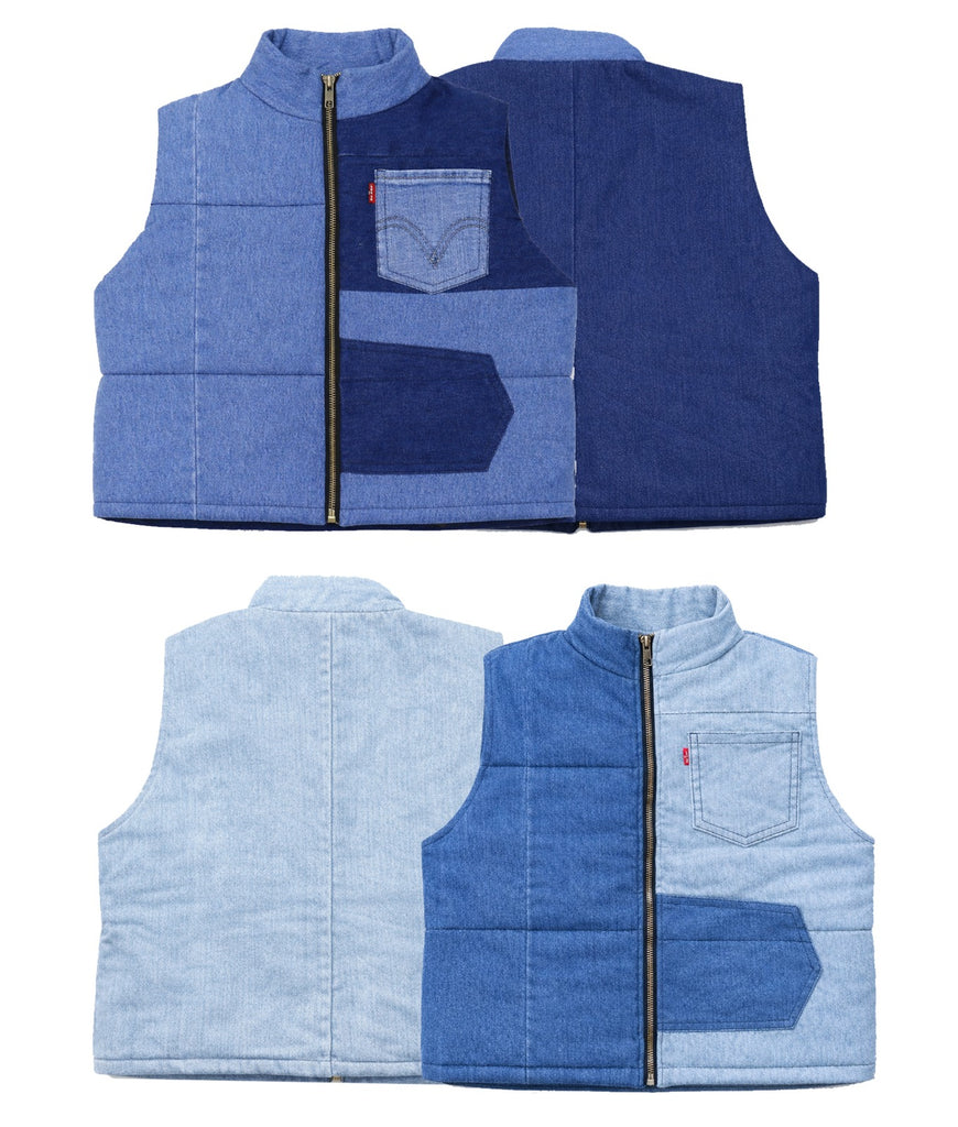 CR1417 Rework Two-Tone Denim Puffer Vest – Cropped Patchwork Style
