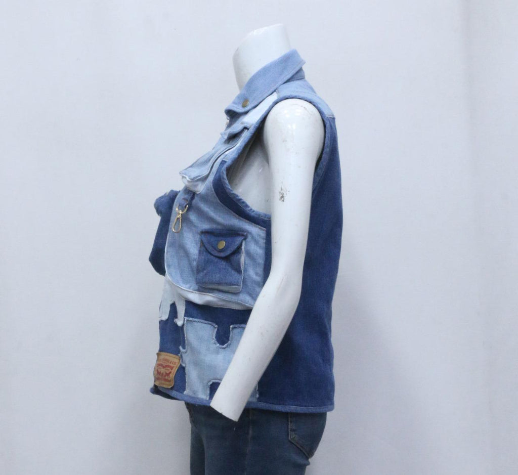 CR-1177 Upcycled Levi's Patchwork Denim Utility Vest – Multi Pocket Rework (Puzzle Panel Design)