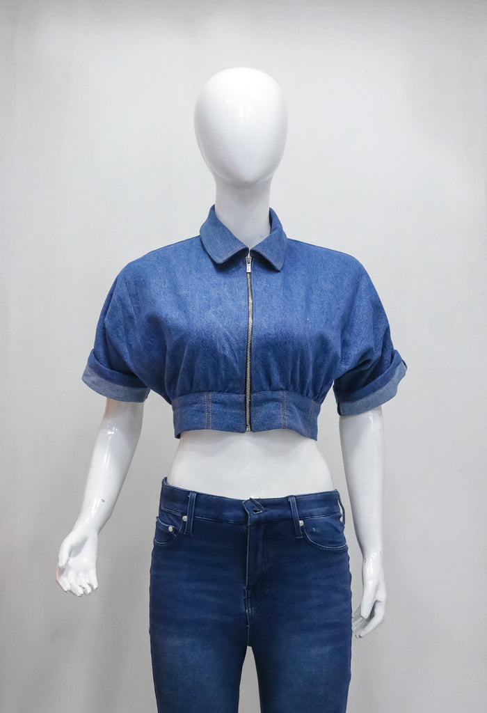 CR2218 UPCYCLED DENIM CROPPED ZIP BLOUSE