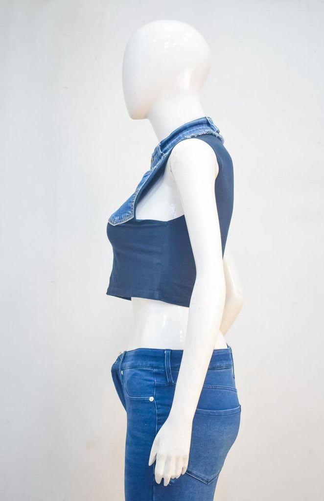 CR2275 UPCYCLED DENIM POCKET CROP TOP