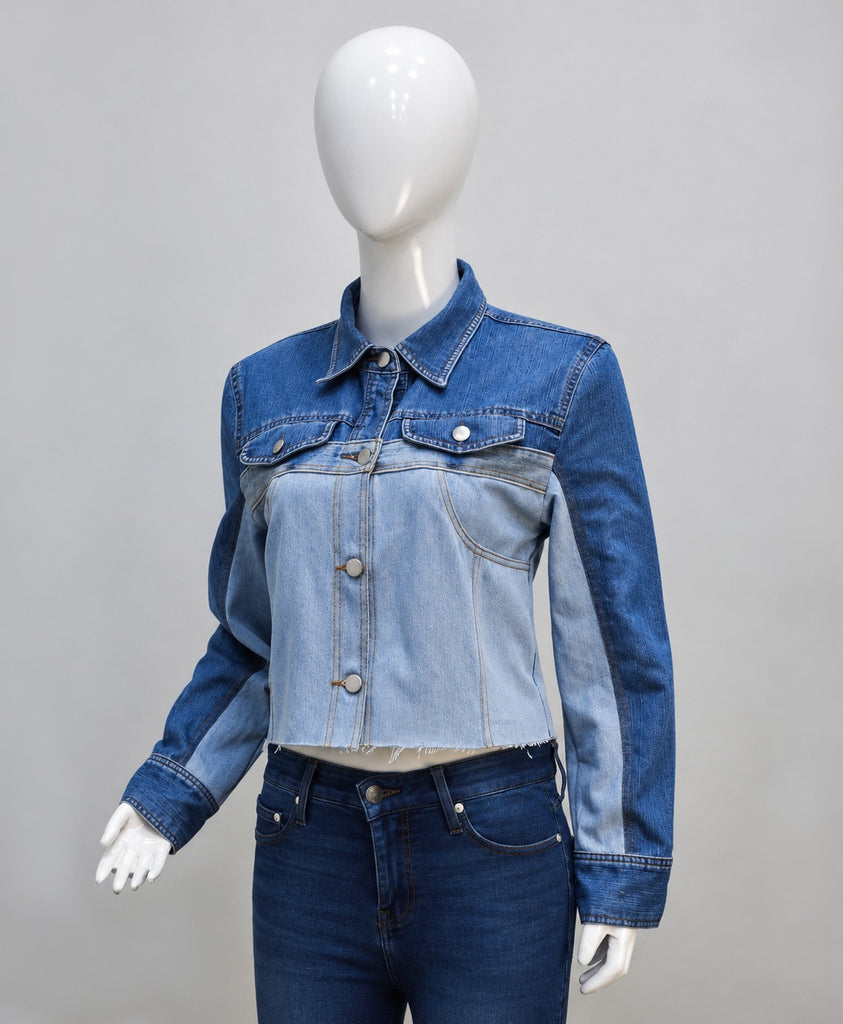 CR2254 UPCYCLED TWO-TONE DENIM CROP JACKET