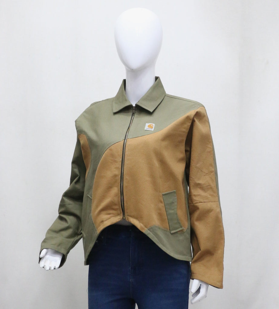 CR-1430 Rework Two-Tone Utility Jacket – Olive & Tan Panel Cropped Style
