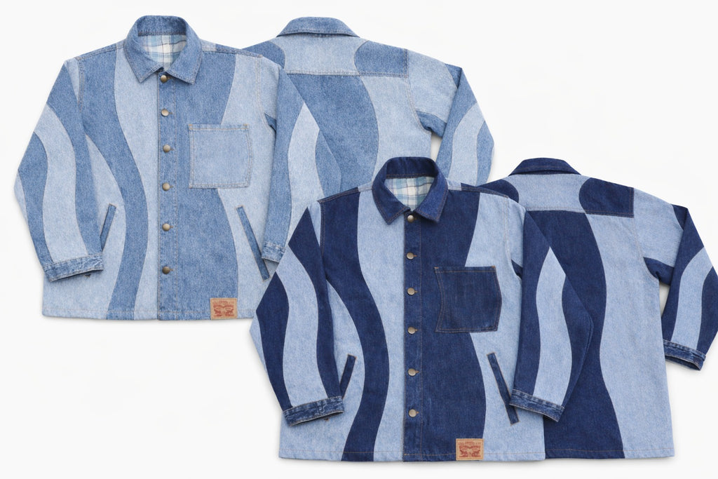 CR1392 Patchwork Denim Chore Jacket Patchwork Denim Jacket – Two-Tone Wave Panel Workwear (Unisex)