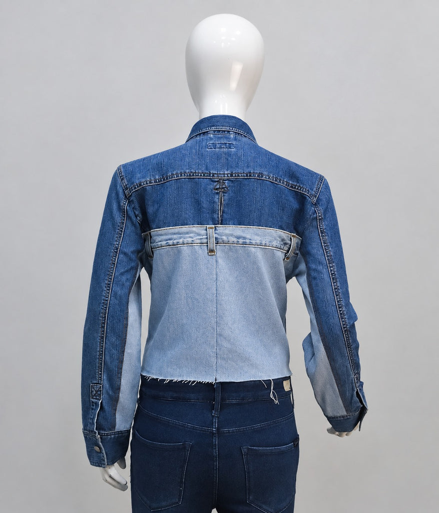 CR2254 UPCYCLED TWO-TONE DENIM CROP JACKET
