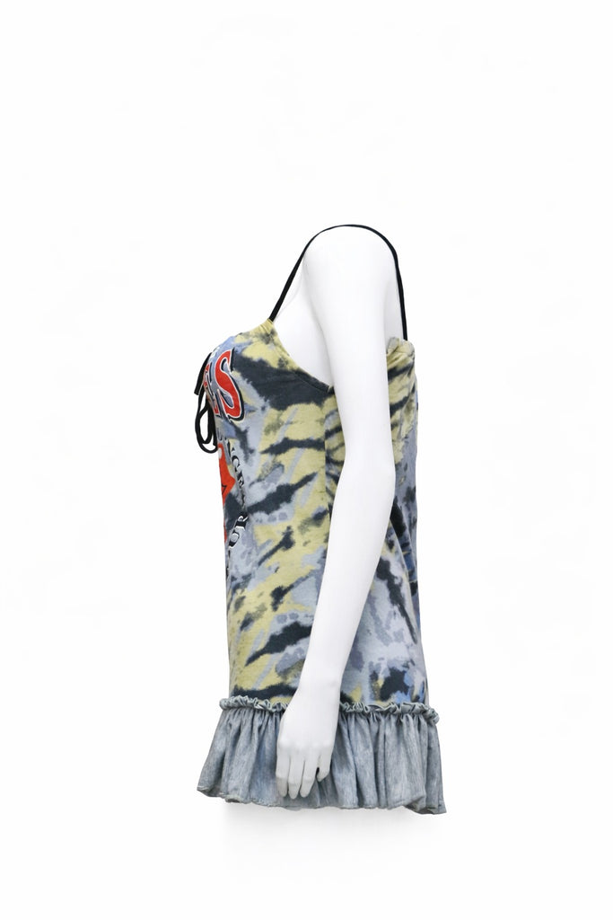 CR1413 Rework Tie-Dye Graphic Mini Dress – Ruffle Hem Slip Style
