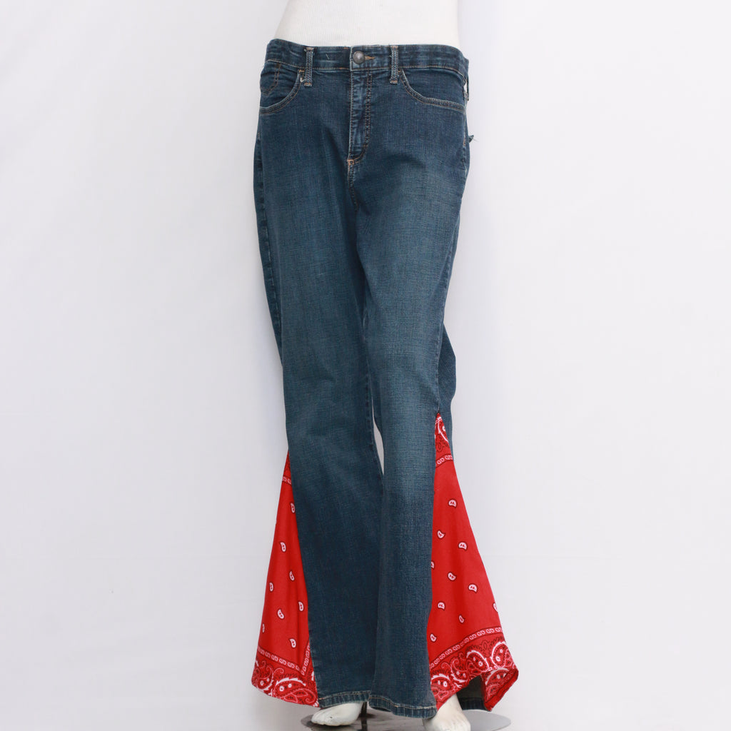 Tight Fitting Reworked Denim Jeans (Bandana Print Bell Bottom)