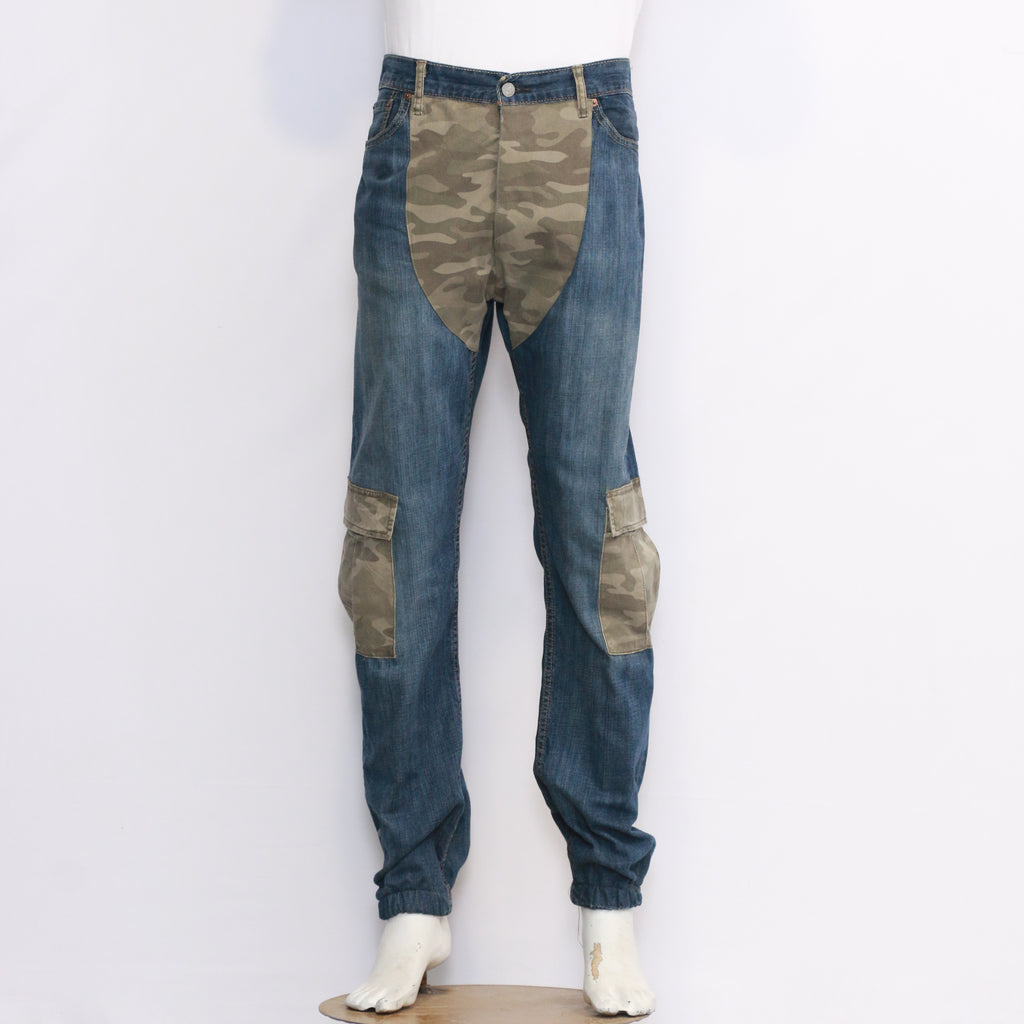 Reworked Men's Denim Jeans with Camo Fly and Cargo Pockets