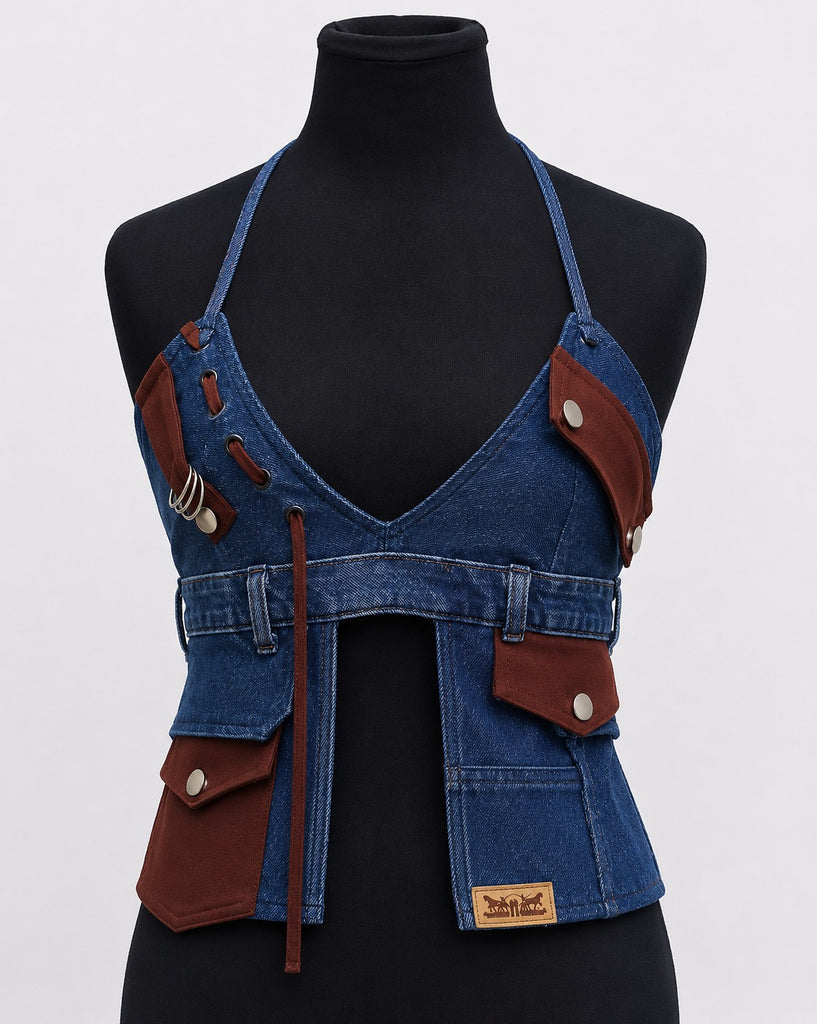 CR1821 UPCYCLED UTILITY HALTER DENIM TOP