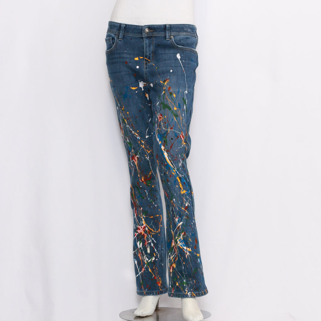 Tight Fitting Reworked Denim Jeans With Paint Splatter
