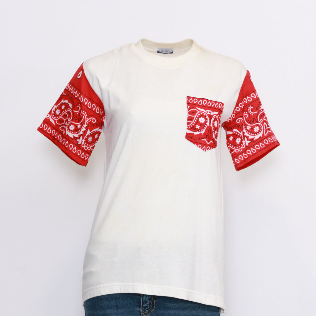 Men's White Shirt with Reworked Bandana Pockets and Sleeves