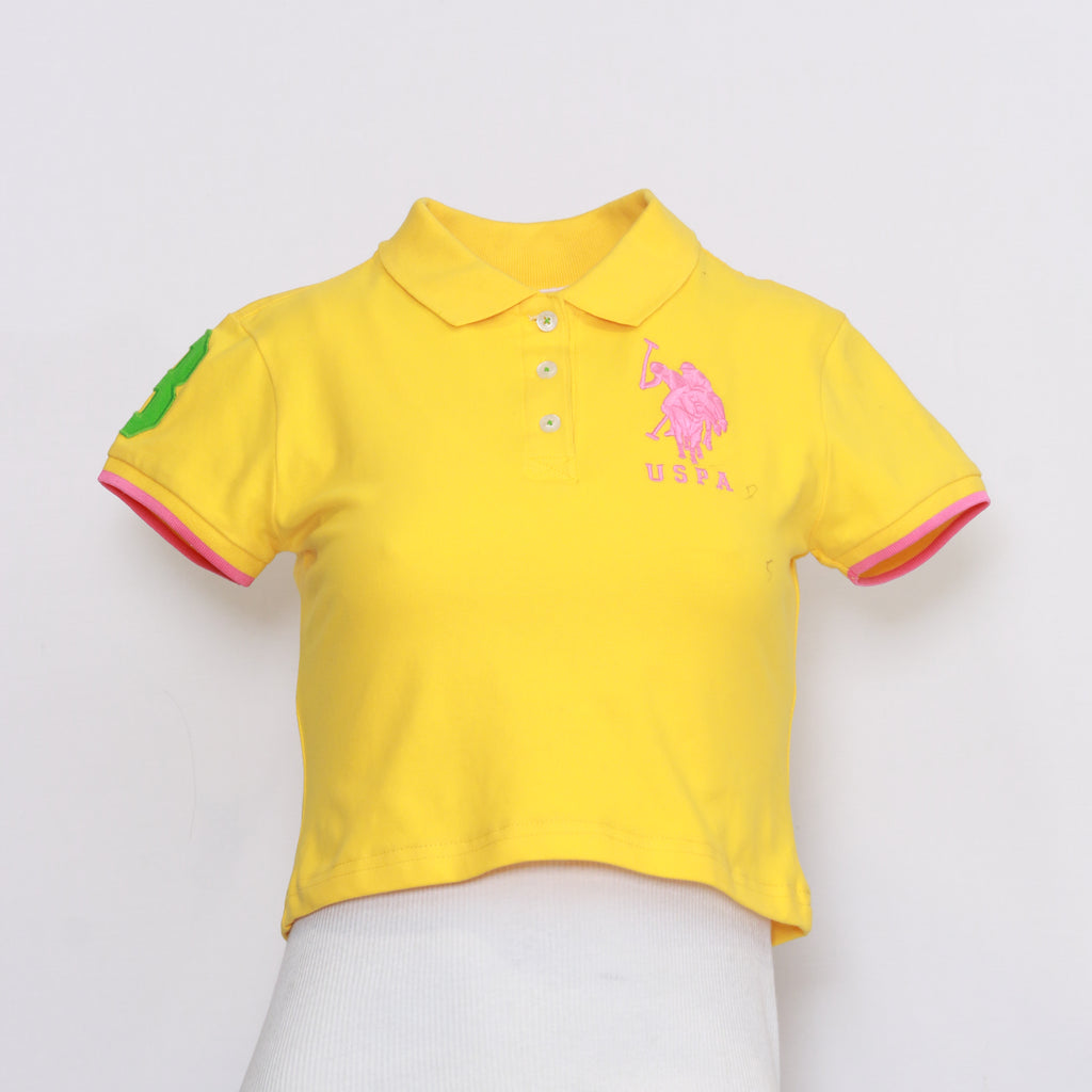 Reworked Branded Yellow Bellyshirt With Pink & Green Patch