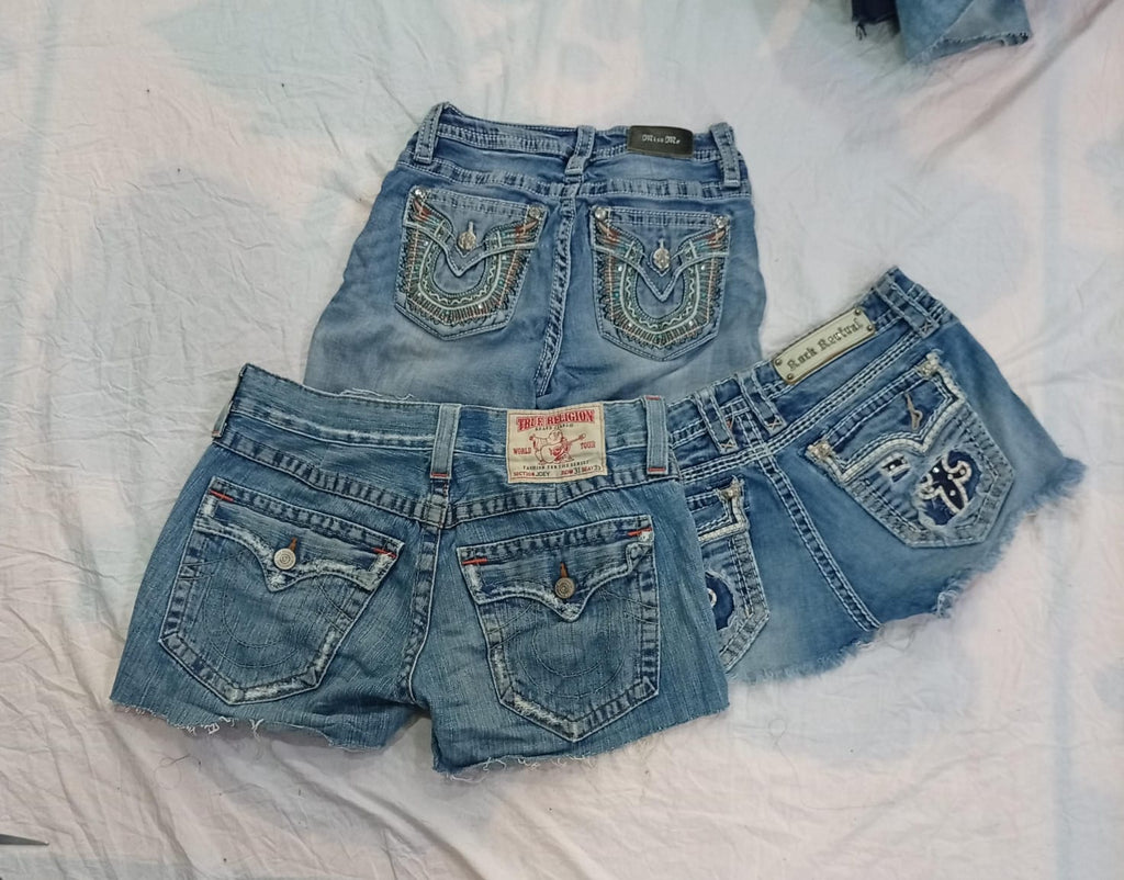 CR11519 Upcycled Mix-Branded Mini Denim Shorts