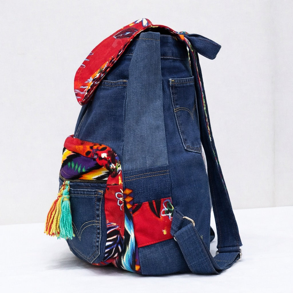 CR1395 Upcycled Denim & Printed Patchwork Backpack