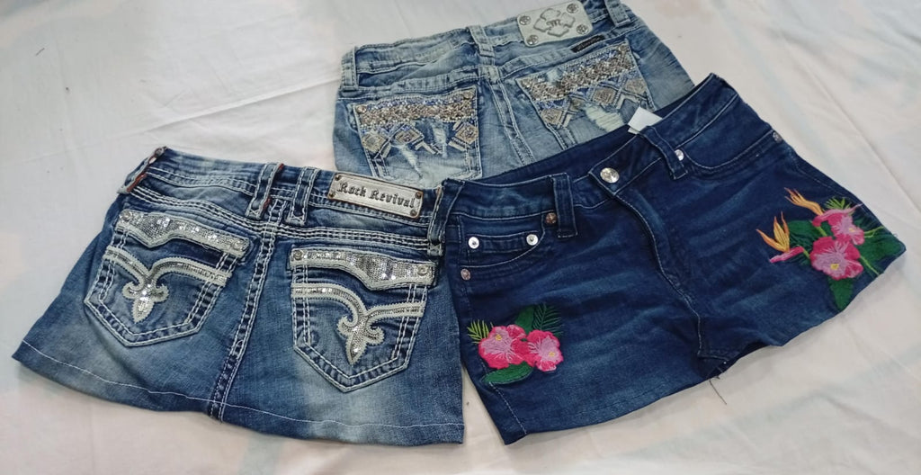 CR12088 UPCYCLED MIX BRANDED MINI DENIM SKIRTS