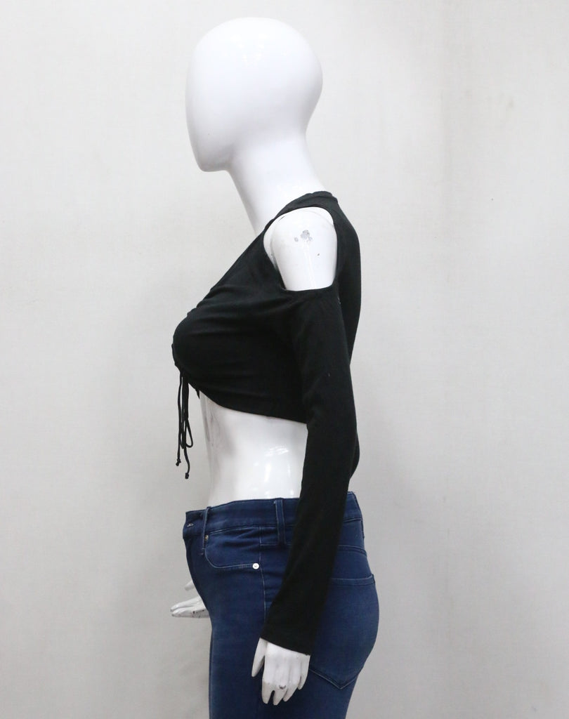 CR23 Ruched Cut-Out Crop Top – Off-Shoulder Tie Front Long Sleeve