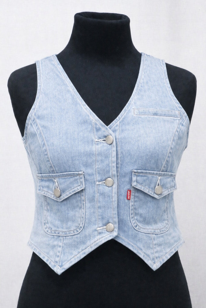CR17 Women’s Denim Crop Vest – Button Front Sleeveless Waistcoat (Light & Dark Wash)