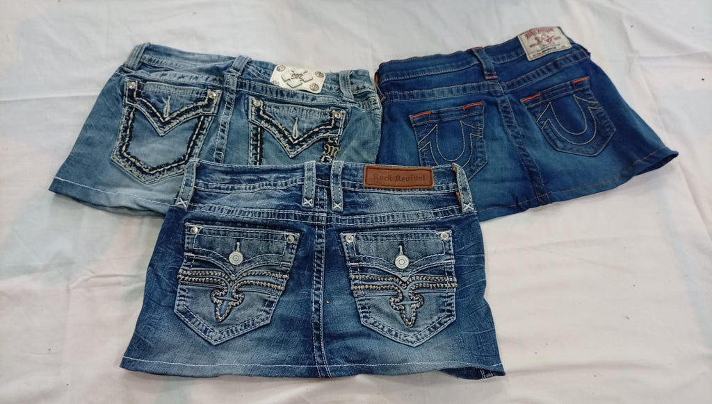 CR12097 UPCYCLED MIX BRANDED KIDS’ MINI DENIM SKIRTS