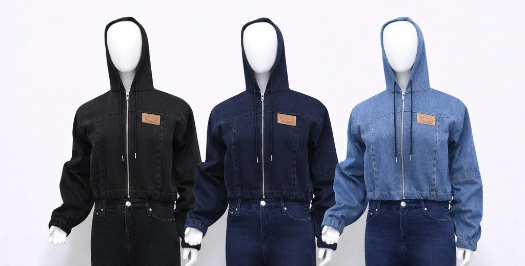 CR1269 Upcycled Denim Cropped Hoodie Jacket – Zip Front